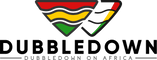 Dubbledown Logo - Vibrant red, yellow and green colours of two upturns African huts